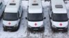 Russia, Moscow, Shmitovskiy proezd 11 march 2018 Ambulance, car parking, red cross, medicine, city, winter, top view